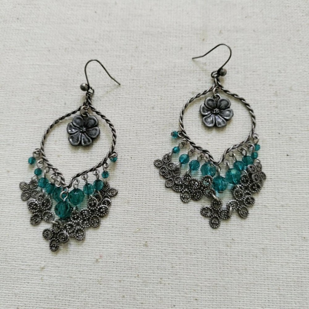 4/$20 Faceted Bead Flower Chandelier Earrings Teal Green Statement